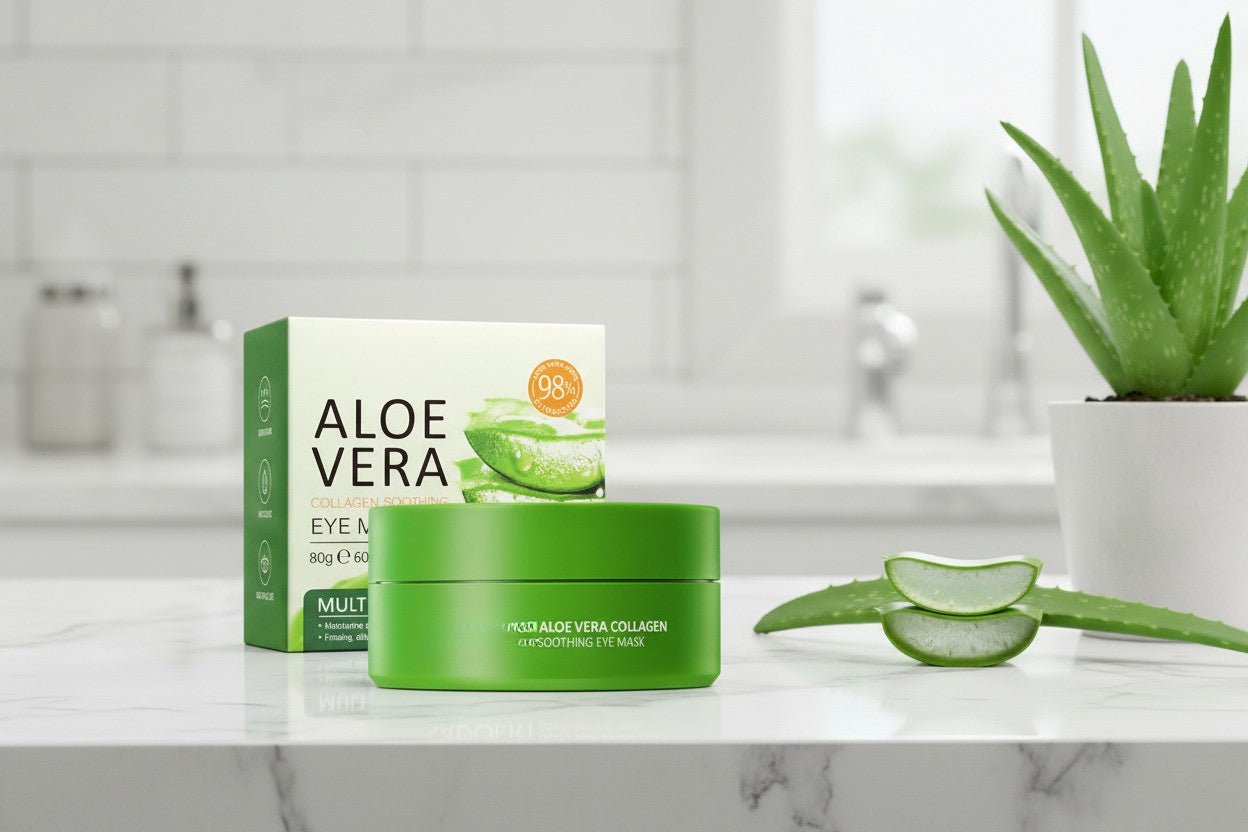 Aloe vera eye mask with packaging and a potted aloe plant on a bathroom counter.