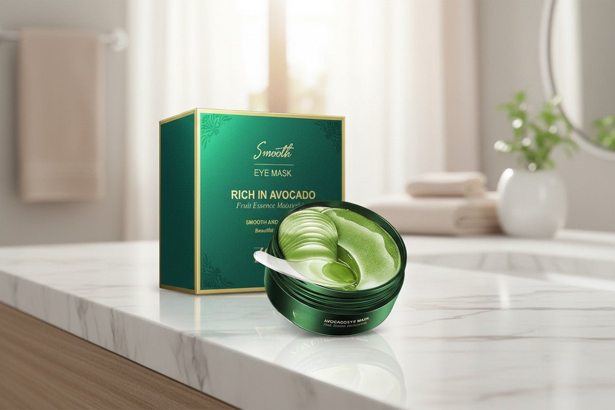Green eye mask packaging on a marble surface with a neutral background