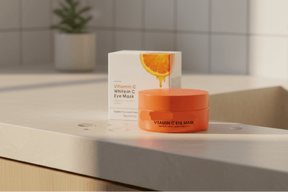 NuYOU360 Collagen Eye Mask Vitamin C. Orange eye mask container  and a box featuring an orange slice on a white background.
