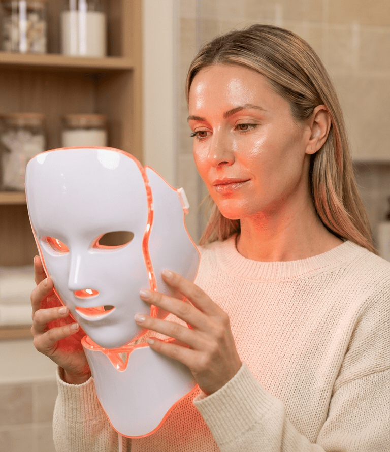 Woman holding a LED face mask with text 'Know What Actually Matters' in a kitchen setting.