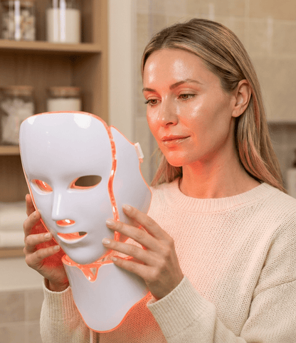 Woman holding a LED face mask with text 'Know What Actually Matters' in a kitchen setting.