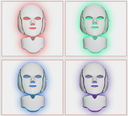 Four LED face masks with red, green, blue, and purple lights on a white background.