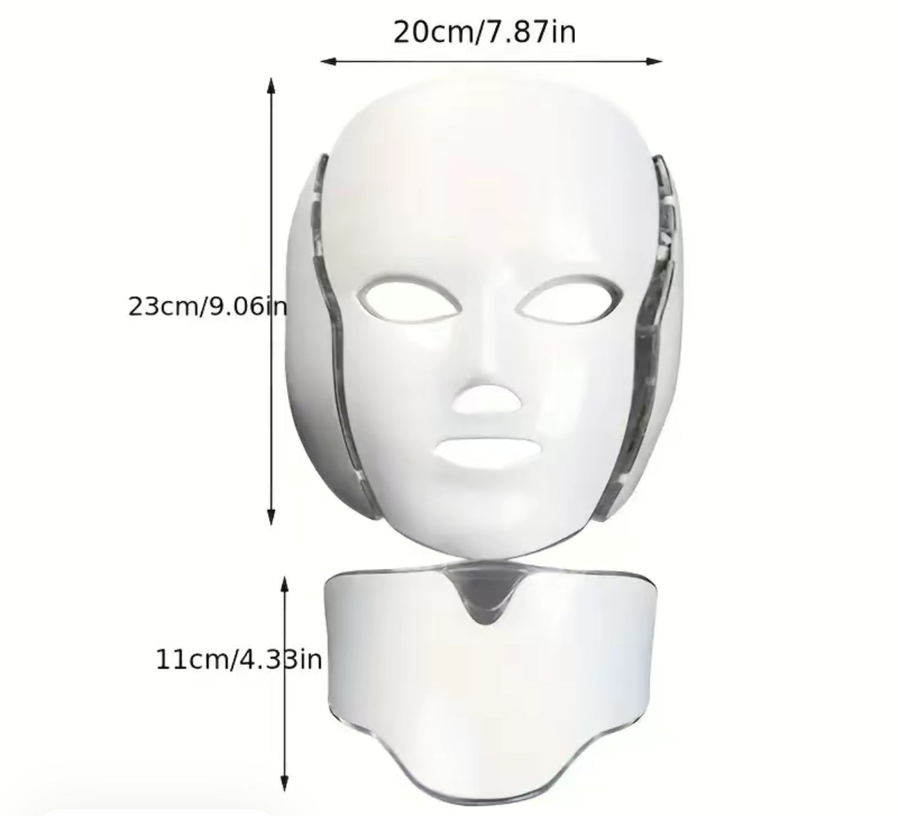 White LED face mask with dimensions labeled on a white background
