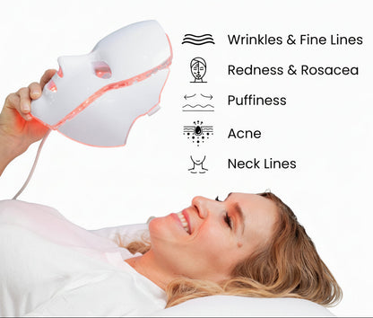 Woman using a skincare device with text highlighting benefits on a light blue background