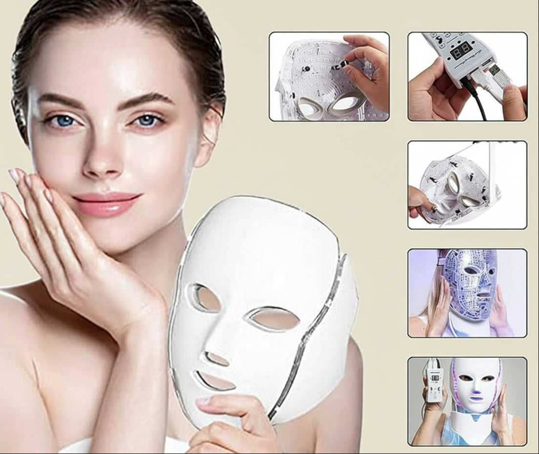 Woman holding a facial mask with step-by-step usage instructions on a beige background