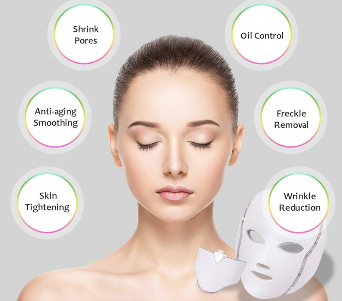 Woman with facial mask and spa quality skin care benefits on a gray background