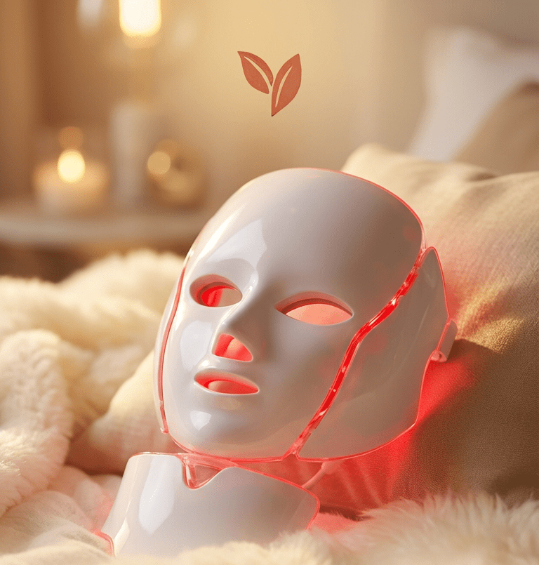 White facial mask with red lights on a soft surface, surrounded by warm lighting.