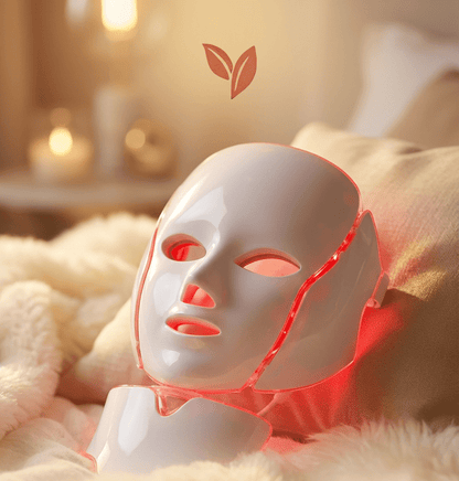 White facial mask with red lights on a soft surface, surrounded by warm lighting.