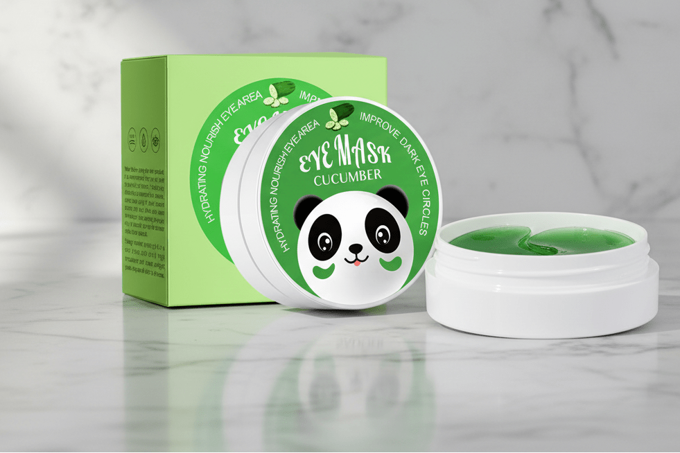 Cucumber eye mask with packaging on a light gray background