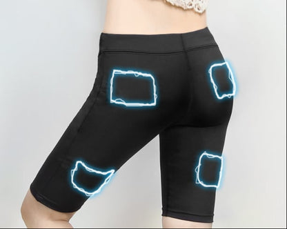 Black shorts with glowing blue outlines on a gray background