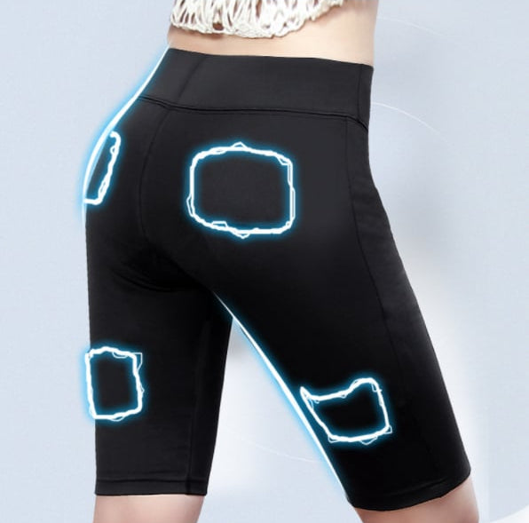 Black shorts with glowing blue outlines on a light gray background