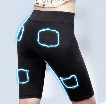Black shorts with glowing blue outlines on a light gray background