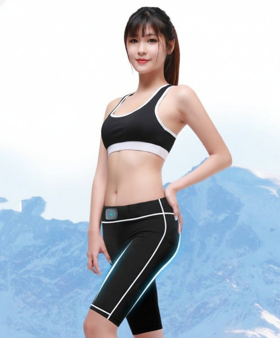 Woman wearing a black sports bra and leggings with a blue mountain background
