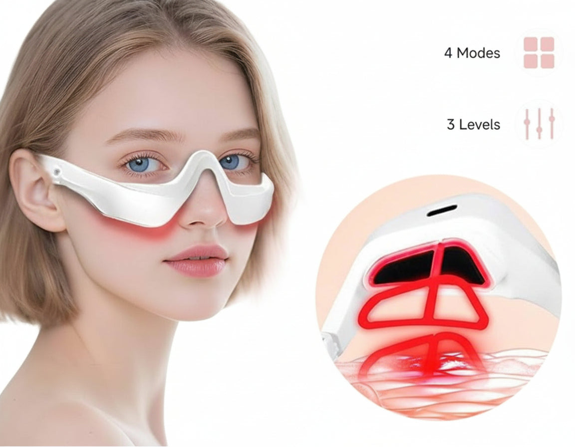 Woman wearing a white eye mask with red lights, inset showing device on skin.