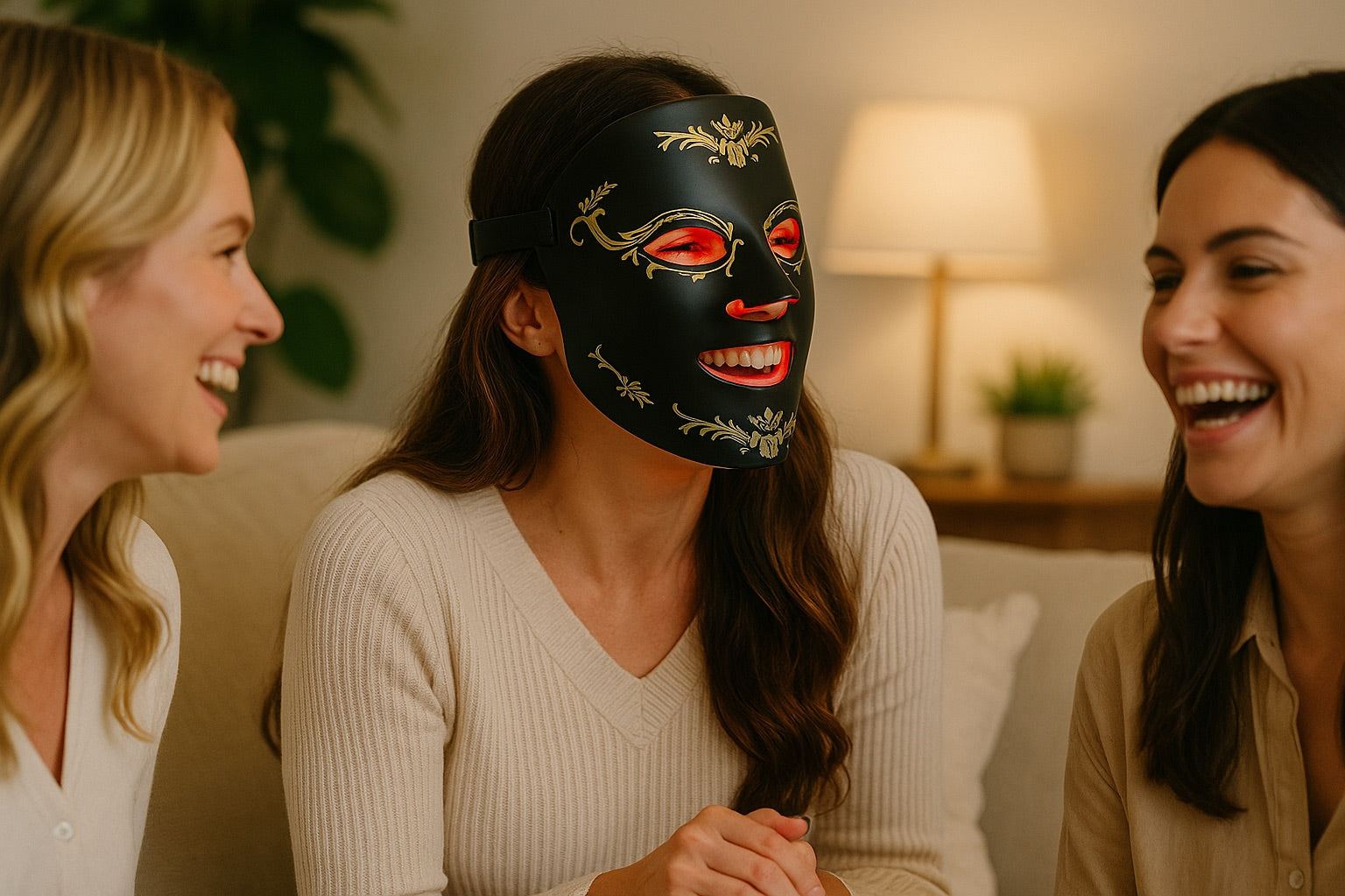Woman wearing a decorative mask with two other women laughing in a cozy living room.