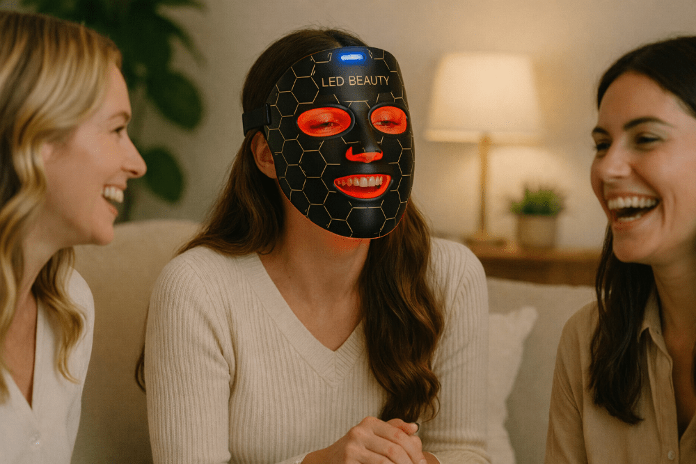 Woman wearing a LED beauty mask with two friends, in a cozy indoor setting.