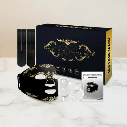LED silicone facial mask set with packaging and accessories on a white background