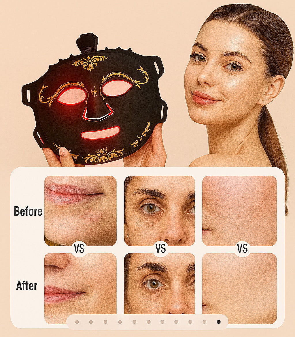 Woman holding a face mask light therapy device with before and after results on a beige background