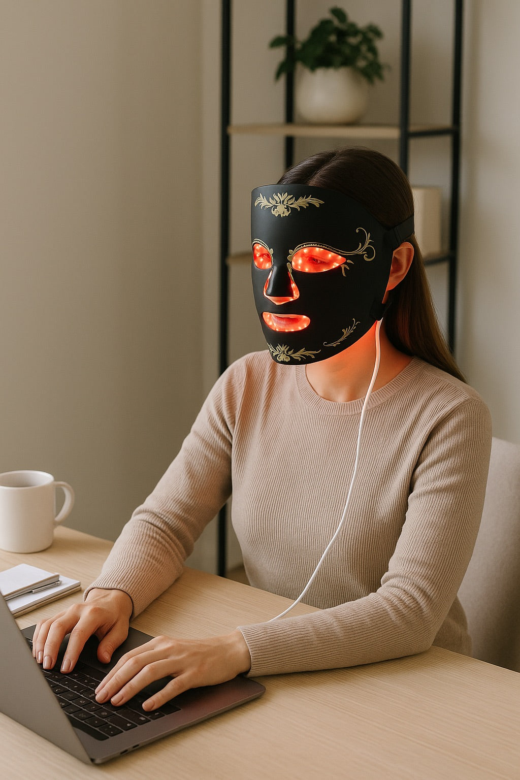 Person wearing a black light therapy mask while using a laptop.