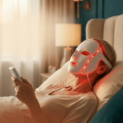Woman wearing a LED face mask with text about NuYOU360 at-home spa sanctuary.
