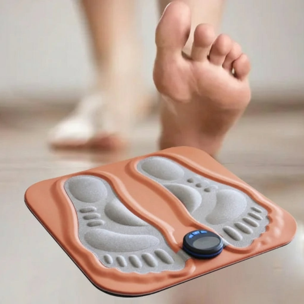 Foot scanner device on a light wooden floor with a blurred background