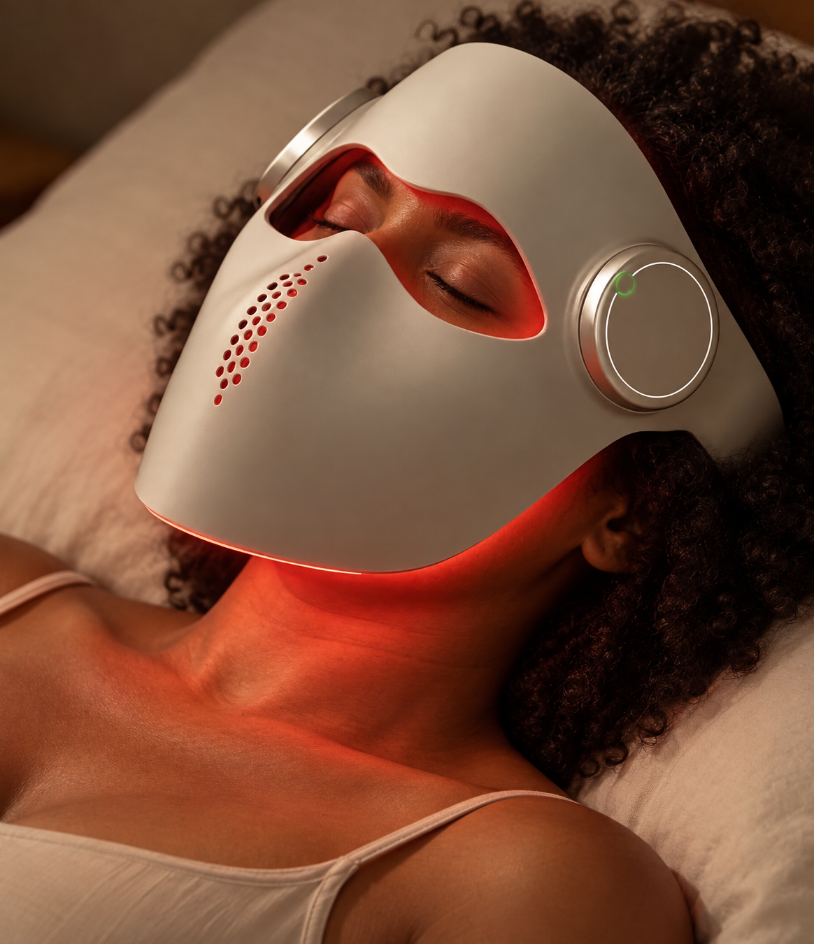 A person lying down wearing a white LED light therapy face mask that glows with red light, set against a warm, dimly lit bedroom background.