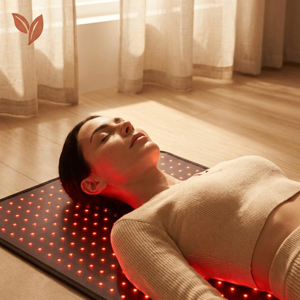 Person lying on a red light therapy mat in a softly lit room.