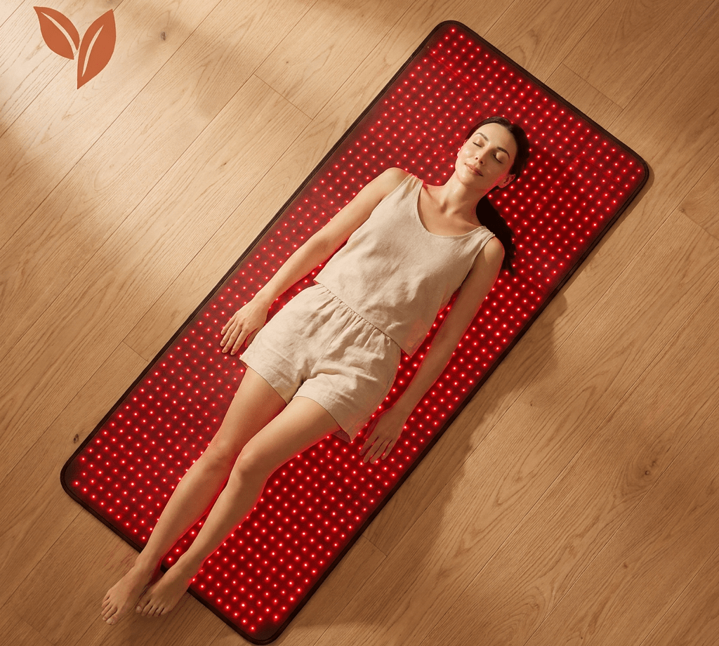 Person lying on a red LED mat on a wooden floor