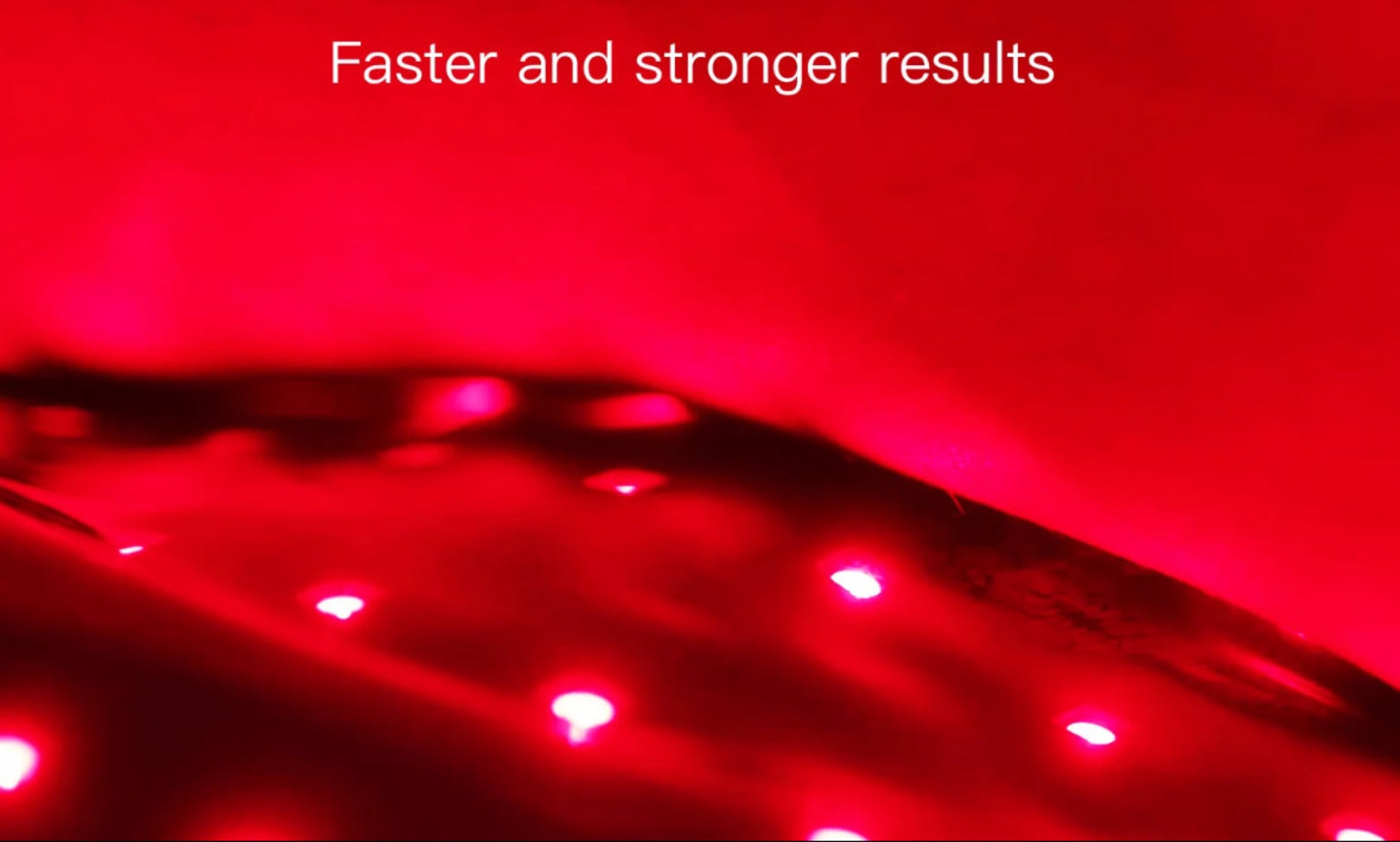 Red light therapy device with text 'Faster and stronger results' on a red background