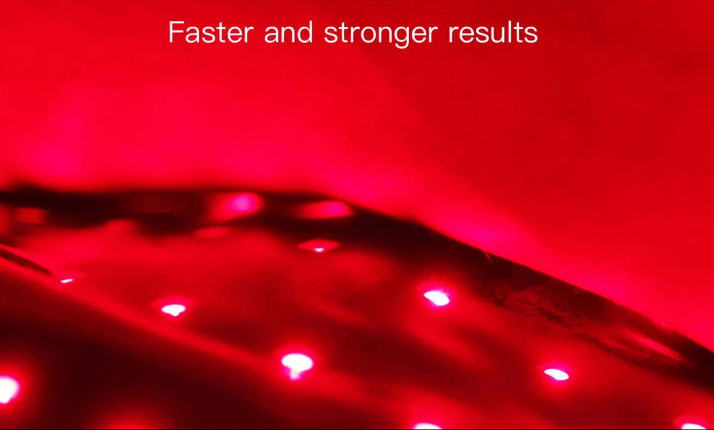 Red light therapy device with text 'Faster and stronger results' on a red background