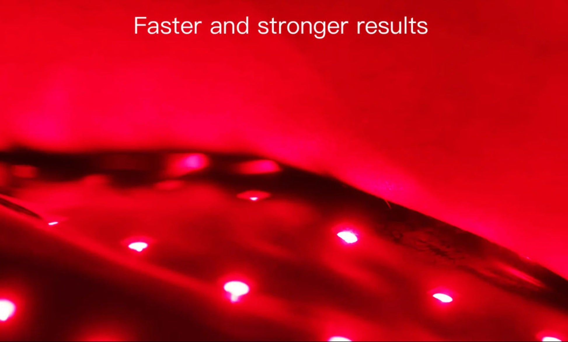 Red light therapy device with text 'Faster and stronger results' on a red background
