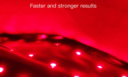 Red light therapy device with text 'Faster and stronger results' on a red background