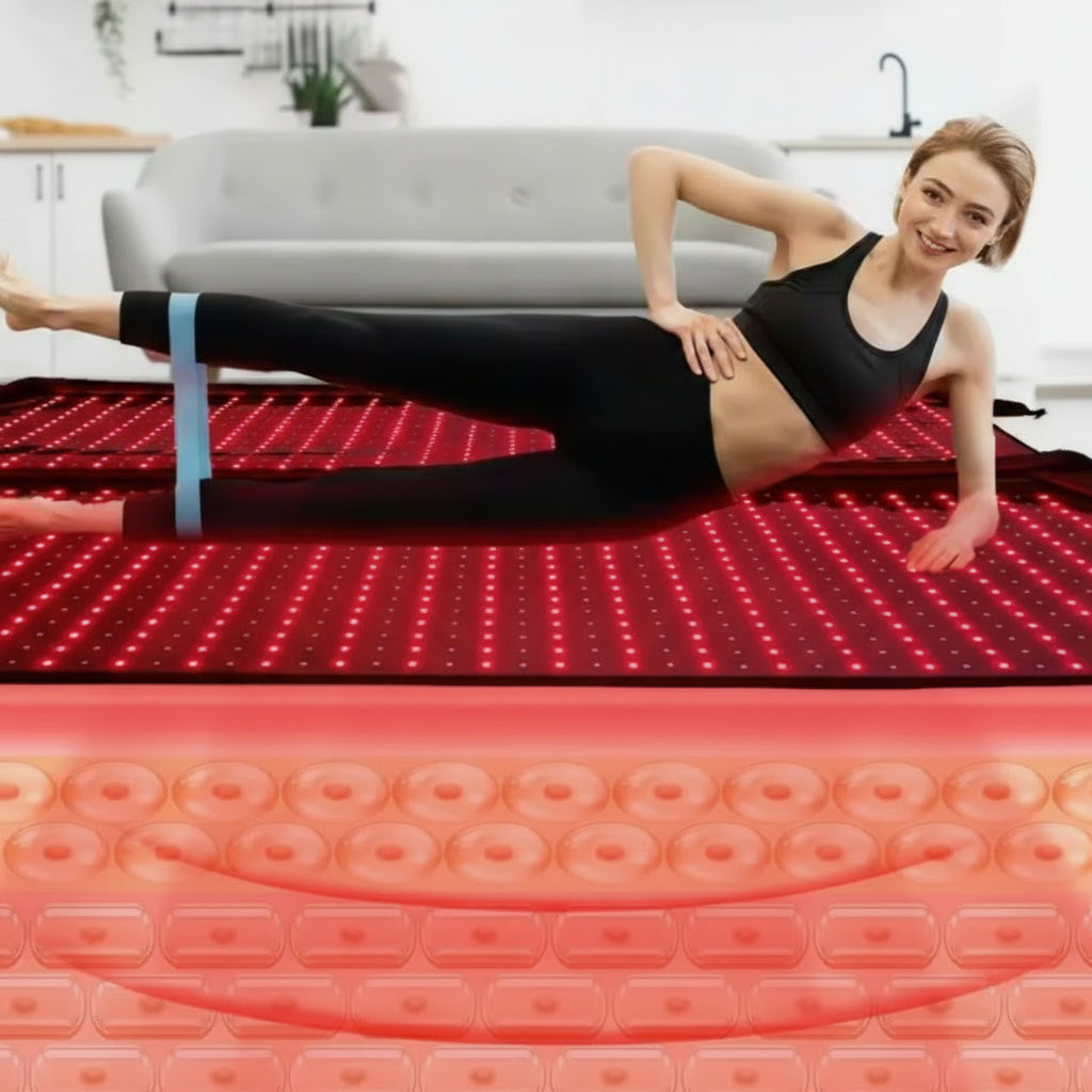 Person lying on a red light therapy mat with text about wavelengths.