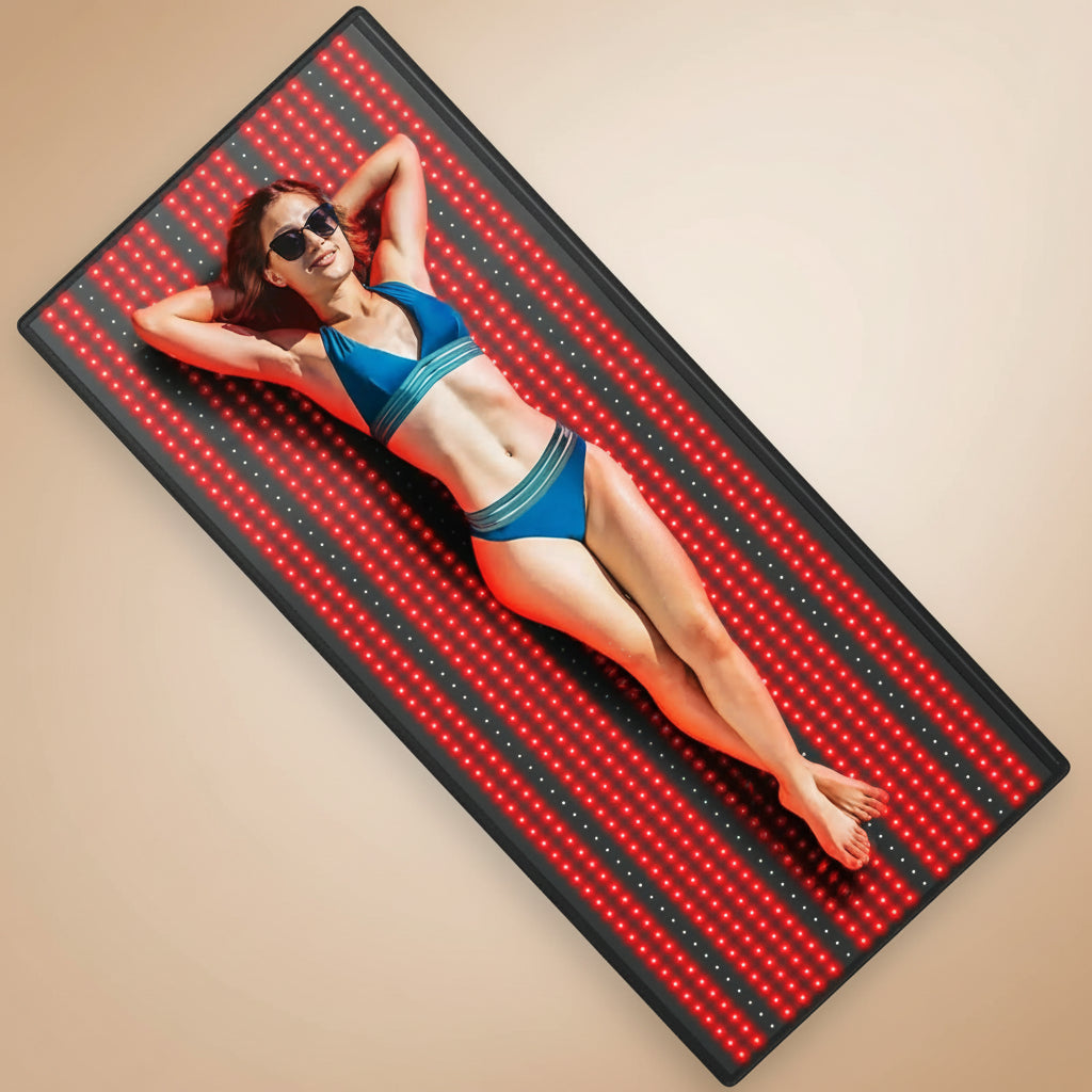 Person lying on a LED mat with red and black pattern