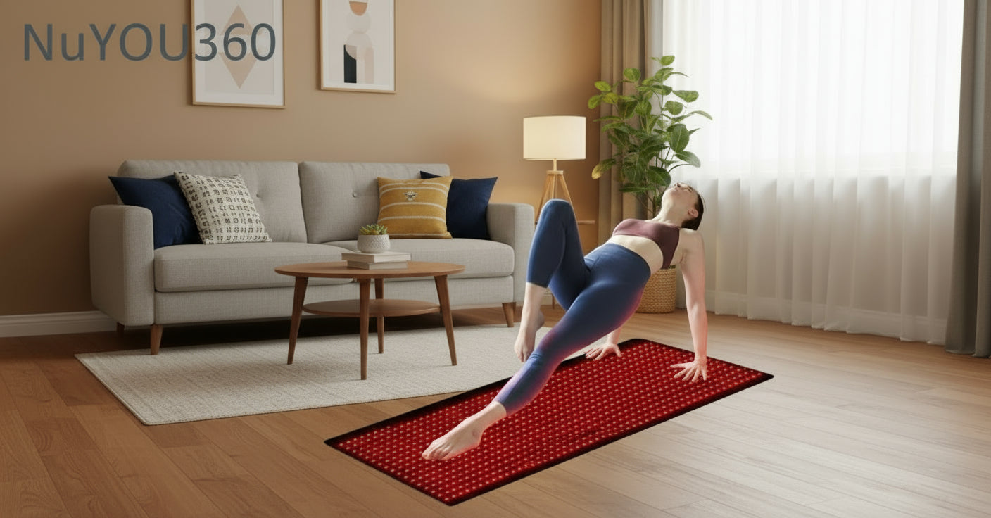 Person on a red LED mat with a white background