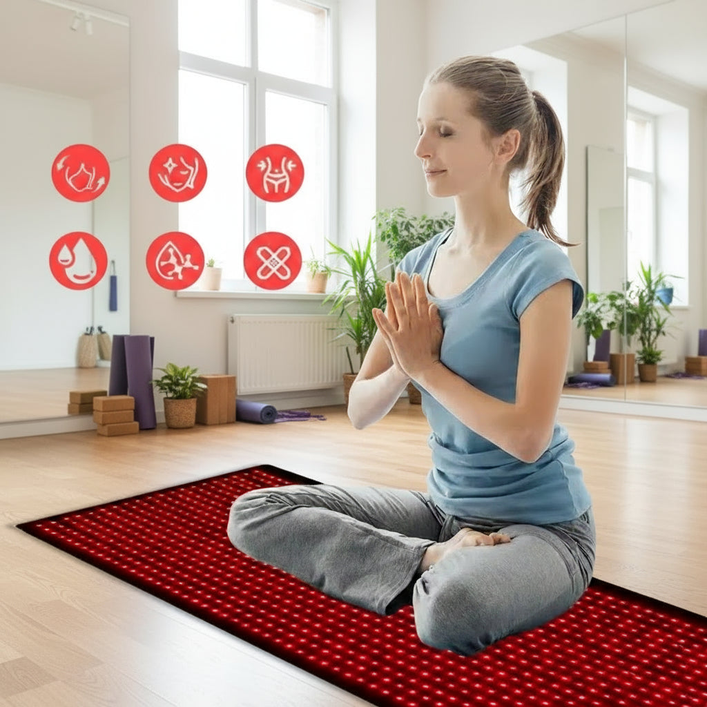 Woman sitting on a red light therapy mat with lifestyle icons and text.