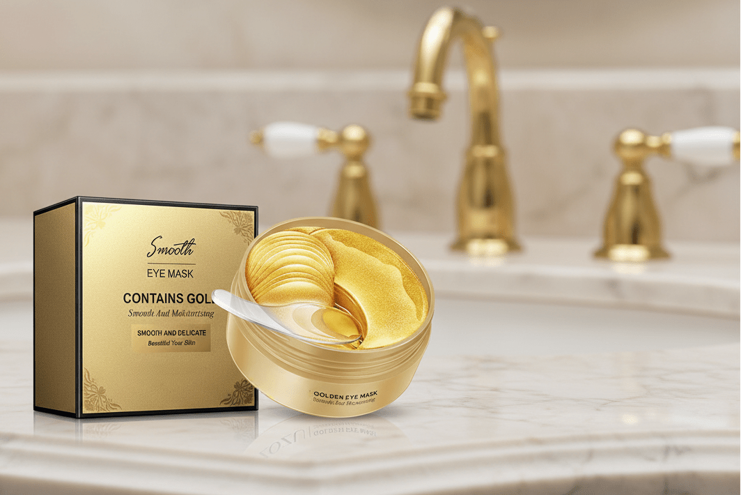 Gold eye mask packaging with a spoonful of mask on a bathroom counter.
