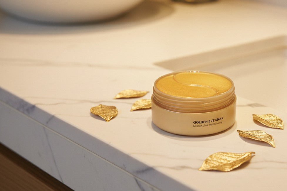Jar of Golden Eye Mask on a marble surface with gold leaves