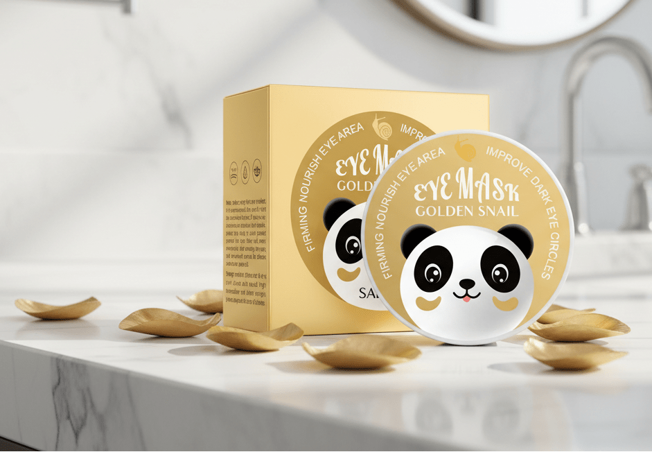 Eye mask packaging with panda design on a marble surface