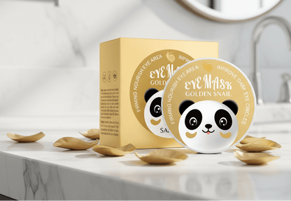 Eye mask packaging with panda design on a marble surface