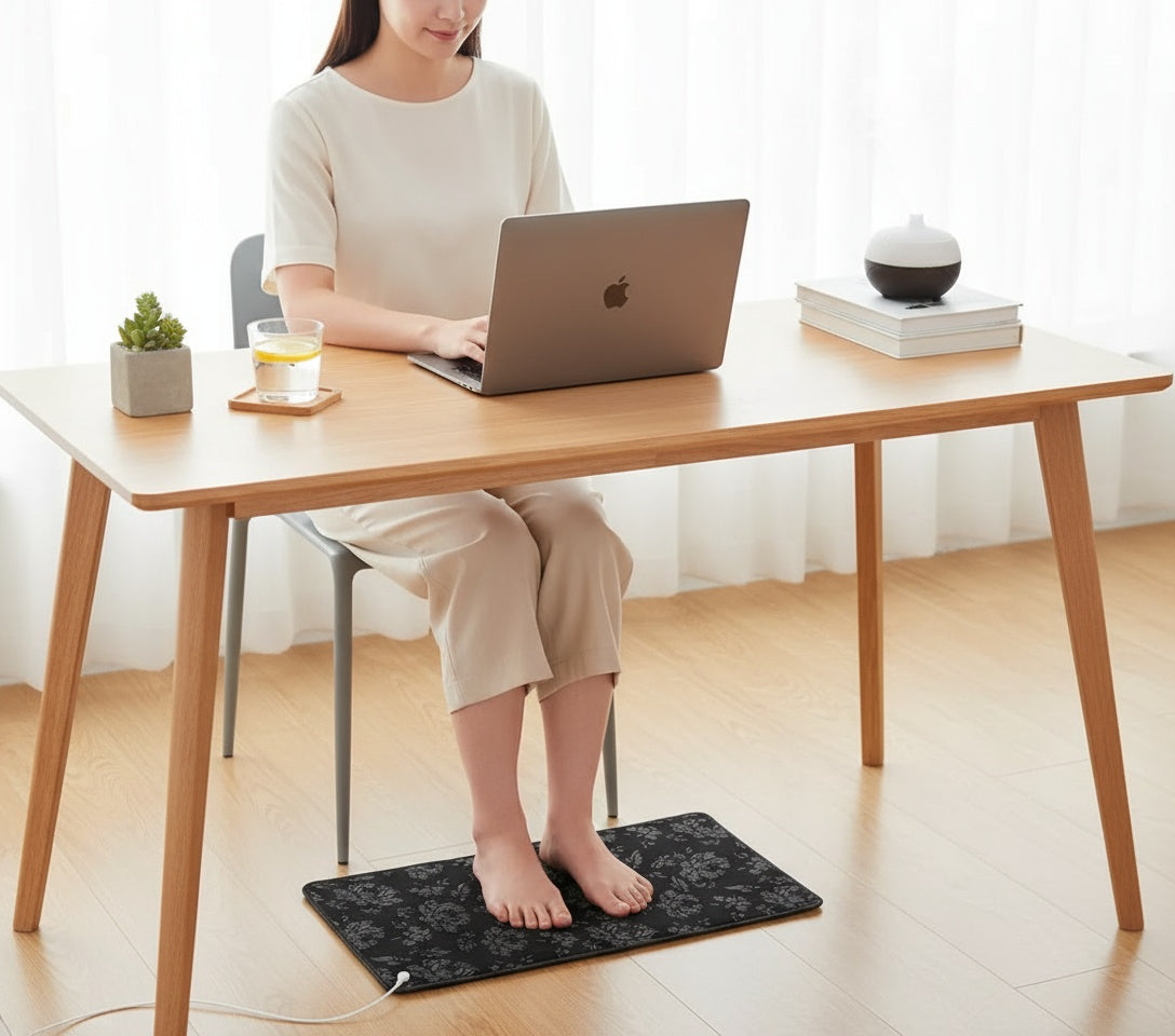 Person using a heating pad on a wooden desk with a laptop