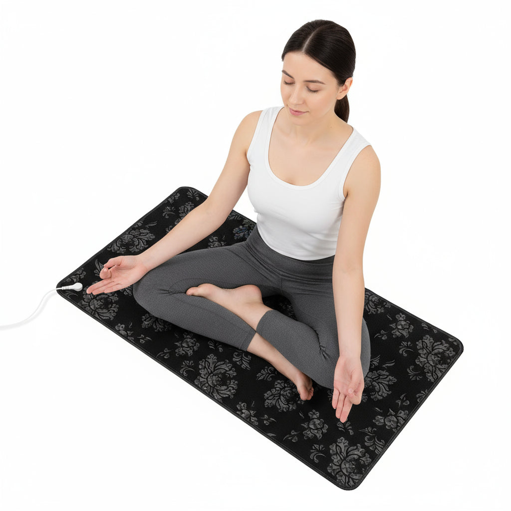 Person using a black floral-patterned heating pad on a white background