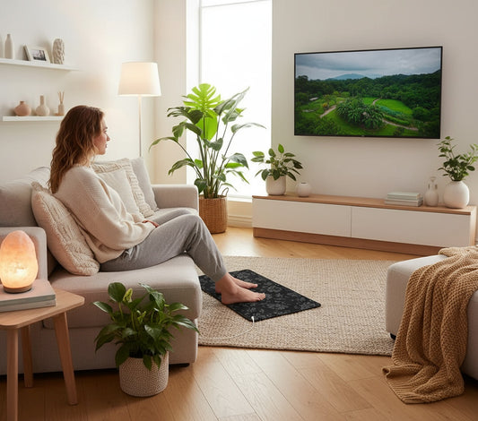 Woman sitting on a couch in a modern living room with plants and a TV.