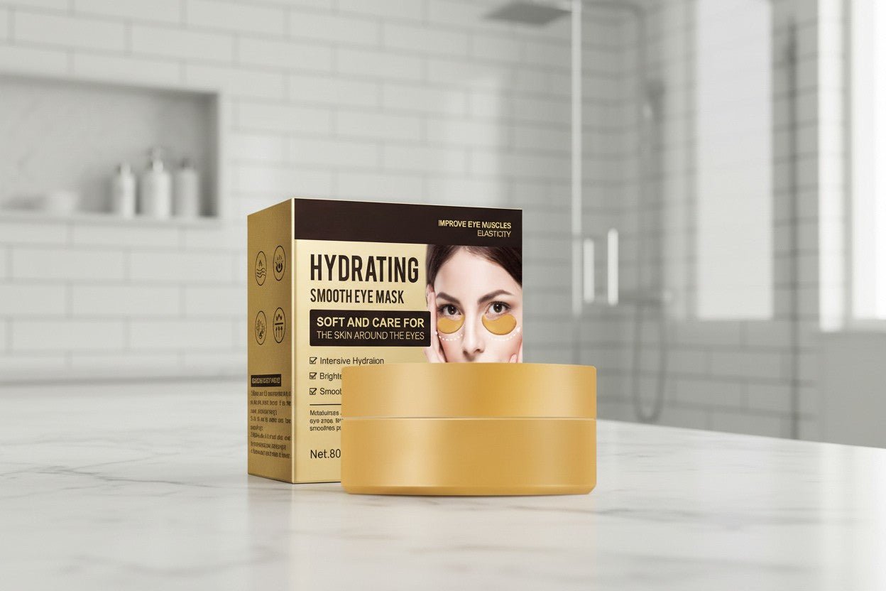 Hydrating eye mask packaging on a bathroom counter