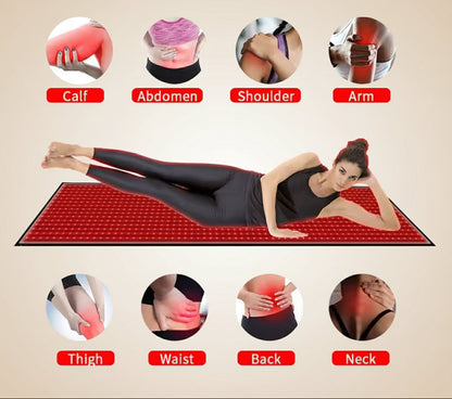 Red infrared heating mat with images of body parts and text about light therapy and pain relief.