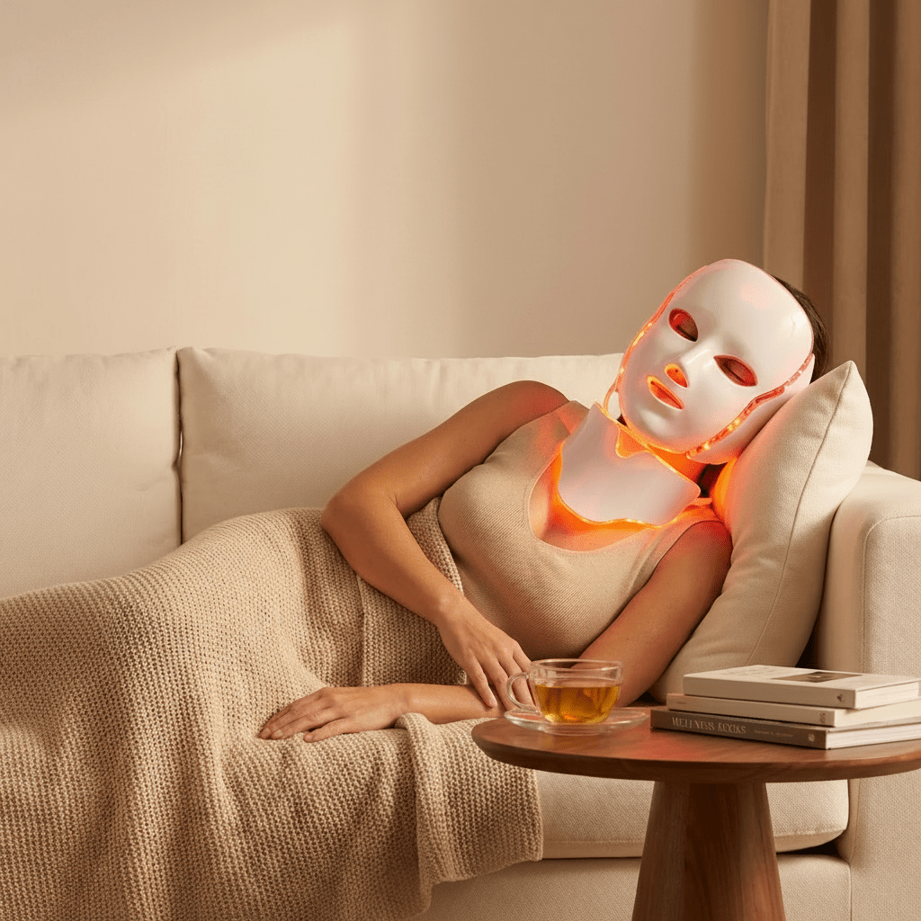 Person wearing a LED face mask on a couch with text about pain relief and deep sleep.