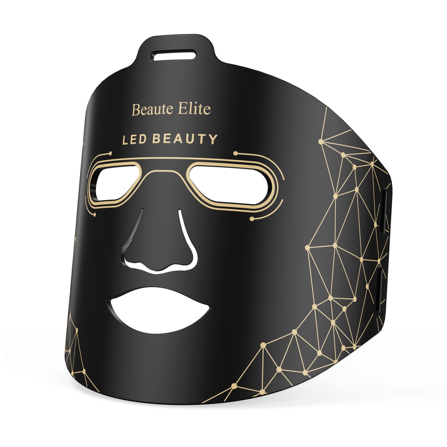 Black LED beauty mask with geometric design and 'Beaute Elite' branding on a white background