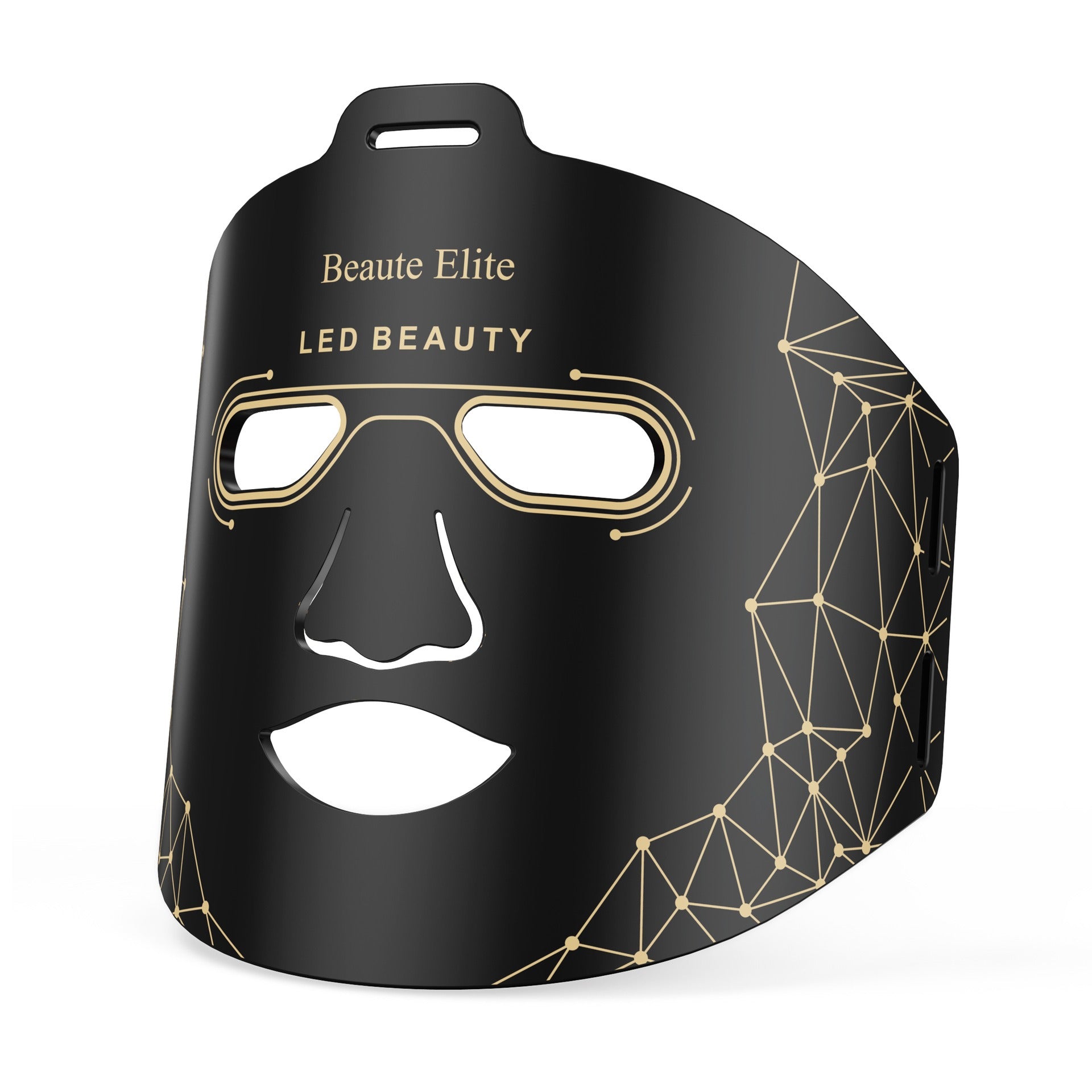 Black LED beauty mask with geometric design and 'Beaute Elite' branding on a white background