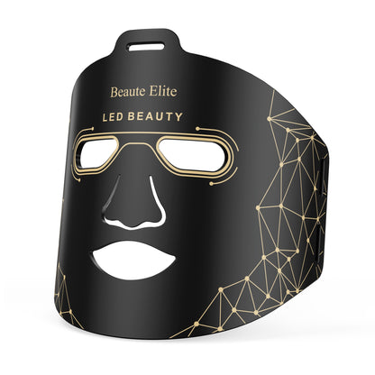 Black LED beauty mask with geometric design and 'Beaute Elite' branding on a white background
