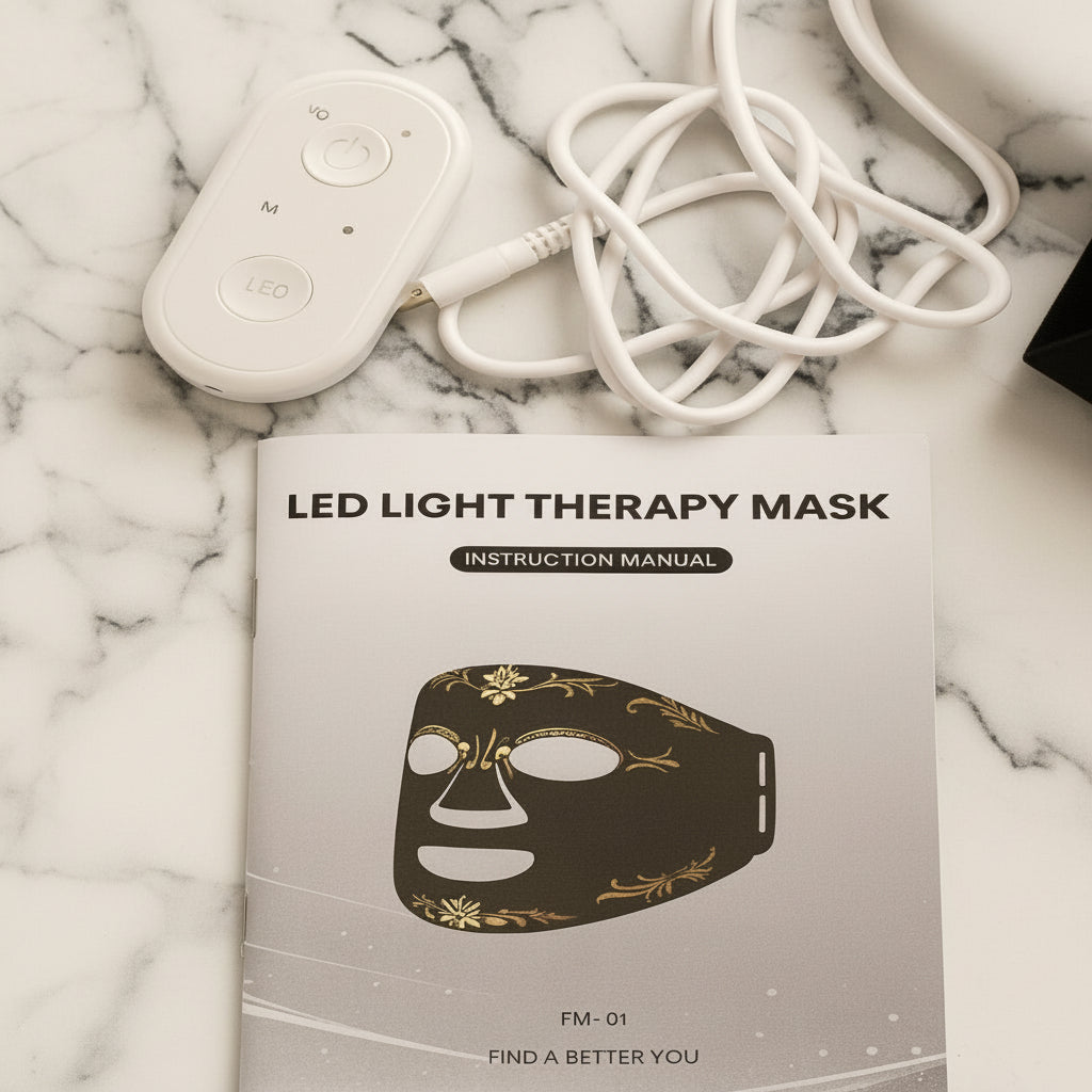 LED light therapy mask with instruction manual and control device on a beige background